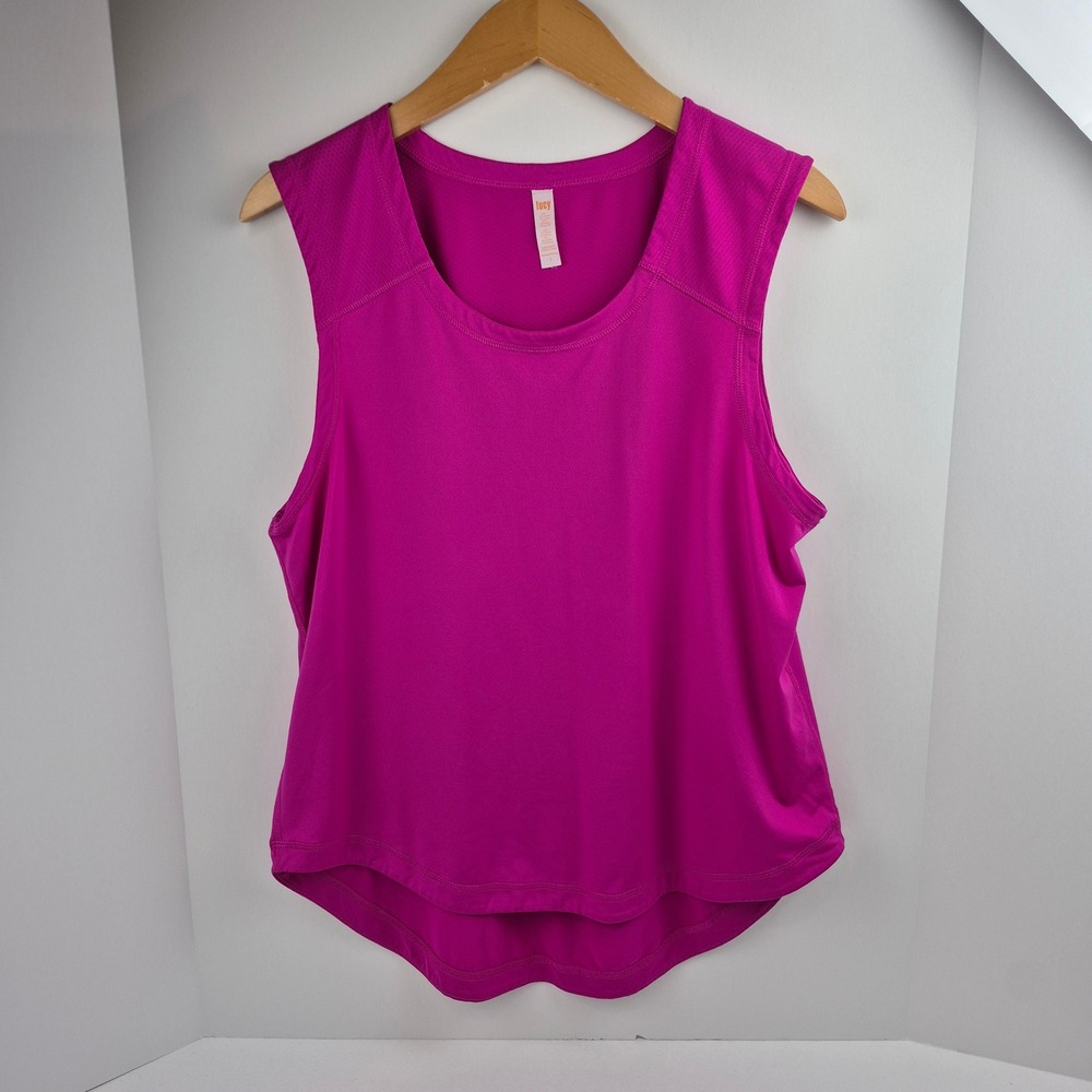 Lucy Womens Magenta Pink Mesh Panel High Low Activewear Tank Top Large